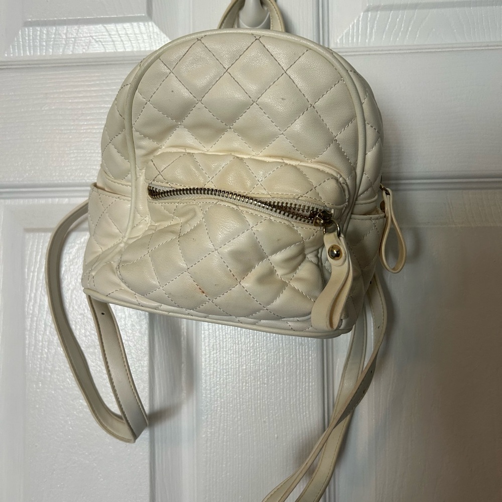 Quilted Cream Mini Backpack with Front Zip Pocket